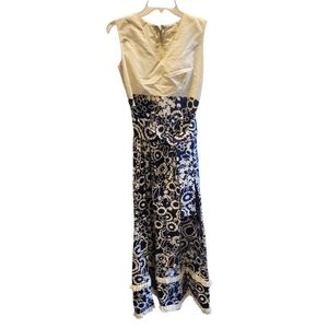 Vintage 60's Sleeveless VNeck Cream & Blue 100% Cotton Maxi Dress Ruffled Skirt